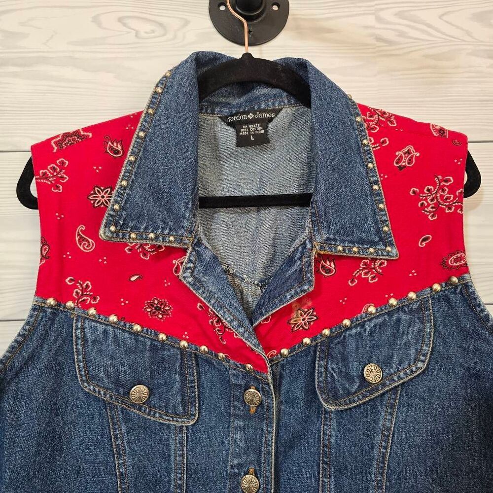 Gordon James Vintage Denim Jean Bandana Studded Vest Large Retro Rockabilly - Picture 2 of 5